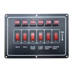 Панель с 6 выключателями и предохранителями (черная) 12V   117 х 167мм   - купить с доставкой по Москве и России